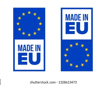 Made in EU quality certificate label with Europe flag stars. Vector made in European Union product warranty square tag