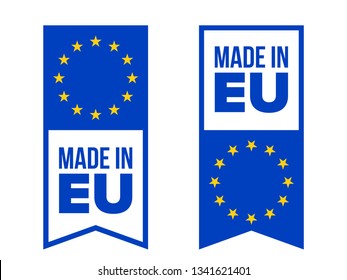 Made in EU quality certificate label with Europe flag stars. Vector made in European Union product premium standard warranty