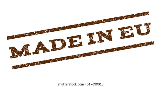Made In Eu watermark stamp. Text tag between parallel lines with grunge design style. Rubber seal stamp with dirty texture. Vector brown color ink imprint on a white background.