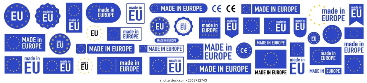 Made in Europe badges and emblems of set collection illustrations.