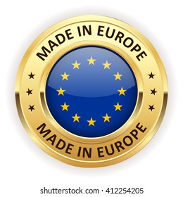 Made in europe button with gold border on white background