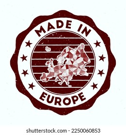 Made In Europe. Continent round stamp. Seal of Europe with border shape. Vintage badge with circular text and stars. Vector illustration.