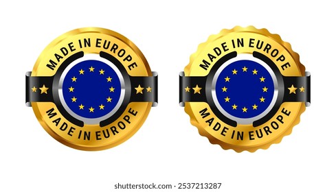 Made in Europe Eu-Ikone ein goldener Kreis mit einem Bild einer Flagge in der Mitte. Hergestellt in Europa für Symbol, Zeichen, Stempel, Abzeichen, Logo, Etikett, Zeichen, Symbol usw. Modern und minimalistisch. Vektorgrafik