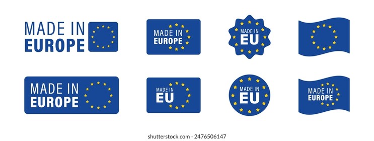 Made in Europe. EU product. Made in Europe labels. Made in EU tag icons set. Made in Europe vector icons