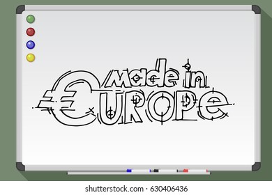 Made in Europe with Euro currency symbol. Hand drawn on white bord. Vector stock illustration