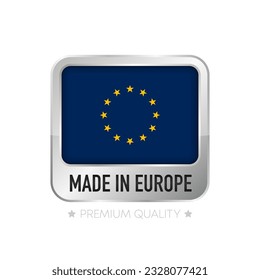 Marca en Europa. Sello plano aislado hecho en la UE. 100% de calidad. Concepto de garantía de calidad. Ilustración vectorial.