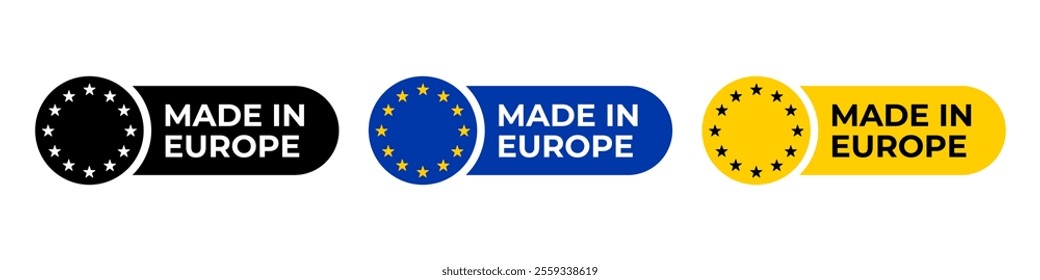 Made in Europe label. Made in Europe product emblem, sign, symbol, badge or seal. European Union quality standards tag, stamp an sticker. CE mark pictogram for product packaging. EU quality icon.