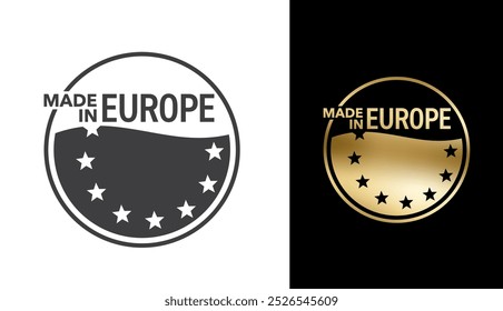 Made in Europe - rótulo para produtos fabricados em países da União Europeia. Emblema monocromático, ótimo para gravação em relevo de ouro