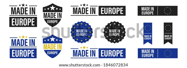 Made in Europe\
label set . Collection of flat isolated baner made in EU. Vector\
icon on white background . 10\
eps