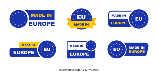 Made in Europe labeling set. Collection of label made in EU. European Union product. Made in EU icon. Europe quality emblem. Vector illustration.