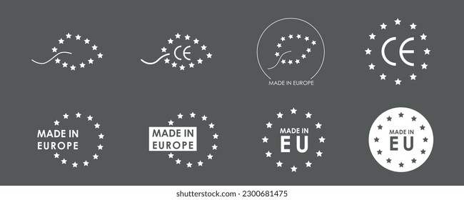 Made in Europe logo pack. Vector stock graphic illustration set isolated on black chalkboard background for packaging design, print label or tag. EPS10