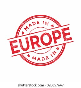 Made in Europe red vector graphic. Round rubber stamp isolated on white background. With vintage texture.