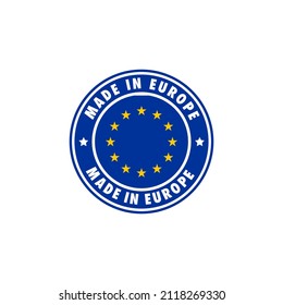 Hergestellt in Europa rund Label Symbol. Stempel, Zeichen, Aufkleber, Abzeichen, Symbol, Emblem, Logo-Druck mit europäischer Gewerkschaftsflagge. Vektorgrafik EPS10.