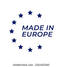 Made In Europe round label with stars. Isolated on white background, logotype vector design.