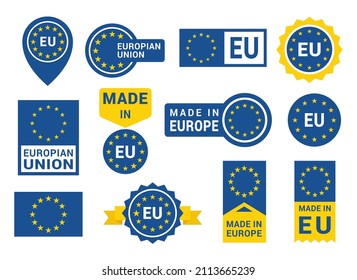 Made in Europe sign collection vector flat illustration. Set of insignia branding identification EU product certified quality guarantee decorated by yellow stars ring isolated. Manufactured label logo