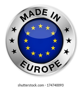 Made in Europe silver badge and icon with central glossy European flag symbol and stars. Vector EPS10 illustration isolated on white background.