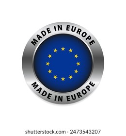 Hecho en Europa placa de plata e icono con centro brillante. Símbolo de Vector de etiqueta redonda Made in Europe. Ilustración vectorial