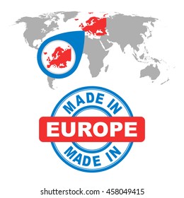Made in Europe stamp. World map with red country. Vector emblem in flat style on white background.