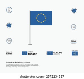 Made in Europe Stamps, Flag, Tags, labels, Seals, Icons. Creative Designs for Branding and Packaging