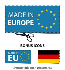 Made In Europe - Vector Sticker Icon With Scissor And Cut Line - Isolated On White Background