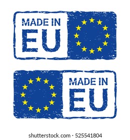 Made in European Union, EU vector letter stamp.
Vector illustration of letter rubber stamp with a european flag with a circle of yellow stars on a blue background.