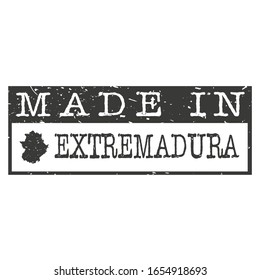 Made In Extremadura, Spain. Stamp Rectangle Map. Logo Icon Symbol. Design Certificated Vector.