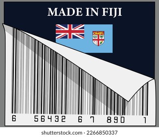 Made in Fiji text and their country flag sign with half scrolled barcode label design. Isolated on gray background.