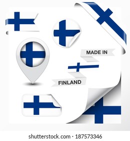 Made in Finland collection of ribbon, label, stickers, pointer, badge, icon and page curl with Finnish flag symbol on design element. Vector EPS 10 illustration isolated on white background.