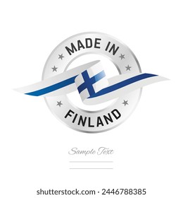 Made in Finland. Finland flag ribbon with circle silver ring seal stamp icon. Finland sign label vector isolated on white background