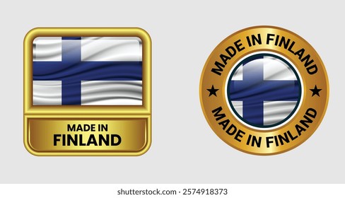 Made in finland label icon set in gold color, featuring both rectangular and circular designs. Includes the finland flag icon, ideal for business and product branding