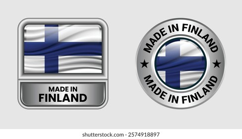 Made in finland label icon set in silver color, featuring both rectangular and circular designs. Includes the finland flag icon, ideal for business and product branding