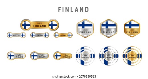 Made in Finland Label, Stamp, Badge, or Logo. With The National Flag of Finland. On platinum, gold, and silver colors. Premium and Luxury Emblem
