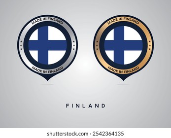 Hecho en Finlandia. etiquetas, pegatinas, puntero, insignia y símbolo del icono de la bandera de Finlandia. Ilustración vectorial de la colección