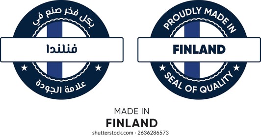 Made in Finland. Premium labels English and Arabic, stickers, pointer, badge and symbol of Finland flag icon. Collection vector illustration