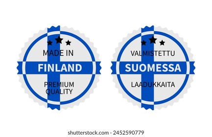 Made in Finland round labels in English and in Finnish languages. Quality mark vector icon. Perfect for logo design, badges, tags, stickers, emblem, product package, etc.