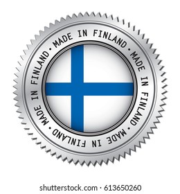 Made in Finland silver badge with the flag symbol of Finland flag in the center. Vector illustration isolated on white background.