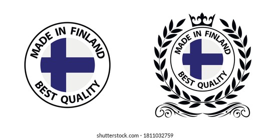 hergestellt in Finnland, Vektorstempel. Abzeichen mit finnischer Flagge