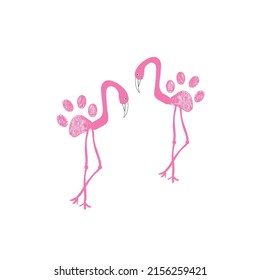 Made of flamingo illustration with pink paw prints. Pet shop, kids, baby shower, t-shirt, fabric textile design for children textile design element