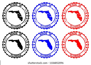 Made in Florida - rubber stamp - vector, Florida (United States of America) map pattern - black, blue  and red