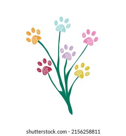 Made of flower with colorful doodle paw prints symbol. Pet shop, kids, baby shower, t-shirt, fabric textile design for children textile design