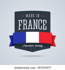 Made in France badge with ribbon and flag. Vector illustration in flat style. 