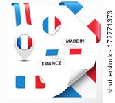 Made in France collection of ribbon, label, stickers, pointer, badge, icon and page curl with French flag symbol. Vector EPS10 illustration isolated on white background.