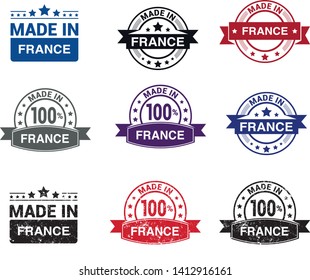 Made in France collection of ribbon, label, stickers, badge, icon and page curl with French flag symbol. Vector illustration isolated on white background. Grunge rubber stamp with Made in France text.