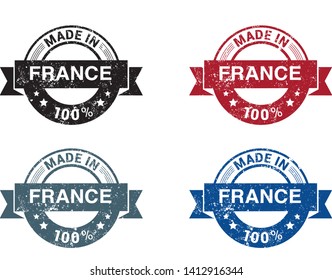 Made in France collection of ribbon, label, stickers, badge, icon and page curl with French flag symbol. Vector illustration isolated on white background. Grunge rubber stamp with Made in France text.
