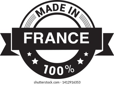 Made in France collection of ribbon, label, stickers, badge, icon and page curl with French flag symbol. Vector illustration isolated on white background. Grunge rubber stamp with Made in France text.