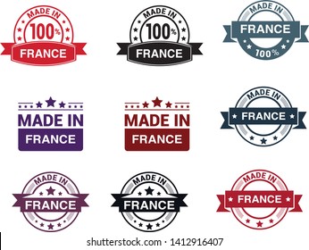 Made in France collection of ribbon, label, stickers, badge, icon and page curl with French flag symbol. Vector illustration isolated on white background. Grunge rubber stamp with Made in France text.