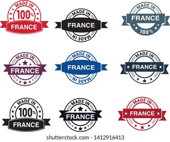 Made in France collection of ribbon, label, stickers, badge, icon and page curl with French flag symbol. Vector illustration isolated on white background. Grunge rubber stamp with Made in France text.