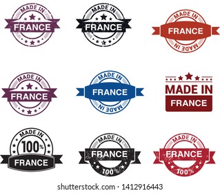 Made in France collection of ribbon, label, stickers, badge, icon and page curl with French flag symbol. Vector illustration isolated on white background. Grunge rubber stamp with Made in France text.