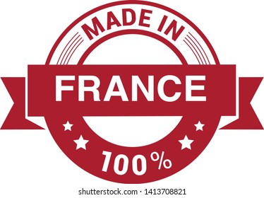 Made in France collection of ribbon, label, stickers, badge, icon and page curl with French flag symbol. Vector illustration isolated on white background. Grunge rubber stamp with Made in France text