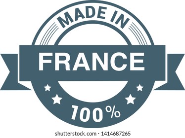 Made in France collection of ribbon, label, stickers, badge, icon and page curl with French flag symbol. Vector illustration isolated on white background. Grunge rubber stamp with Made in France text.